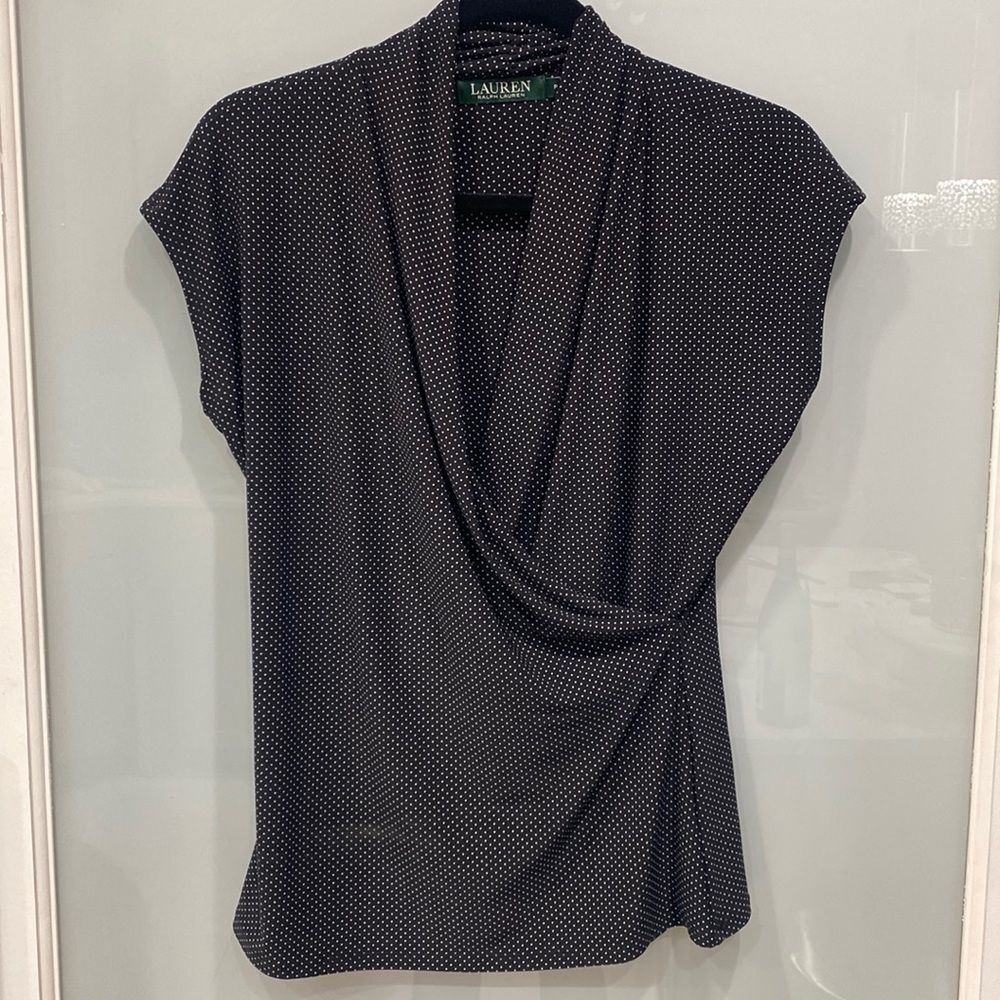 Lauren Ralph Lauren Women’s Green Label Black White Poka Dot Petite Blouse Shirt